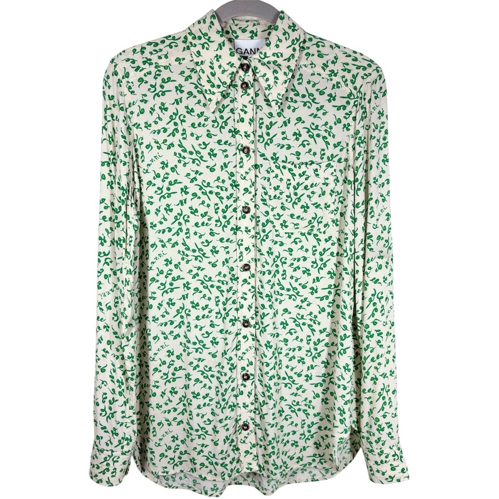 Ganni Leaf Print Crepe Button Down Blouse Top Size 0 Ivory Green Longsleeve
